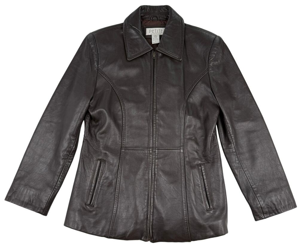 Vintage Chocolate Brown Leather Jacket Minimalist Coat Petite Sophisticate Sz S